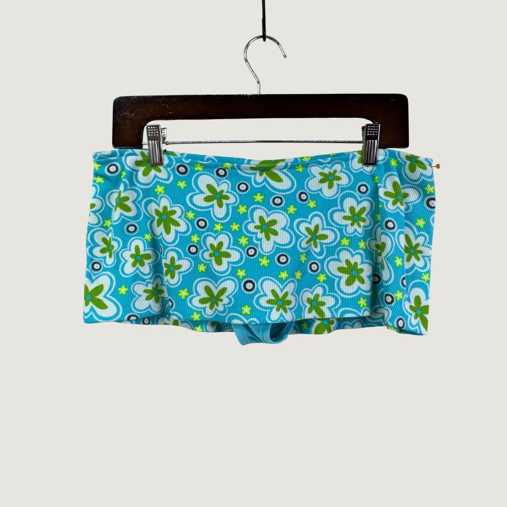 Sunset Beach Micor Mini Swim Skirt L Blue Floral Y2K Ribbed Bikini Bottom Beachy